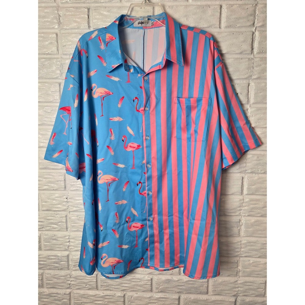 VATPAVE Men's size XXL button up short sleeve shirt Flamingo & Stripe